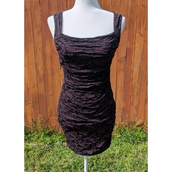 Free People Bodycon Mini Dress M Purple Floral Lace Ruched Dark Romantic Whimsy - Picture 1 of 5
